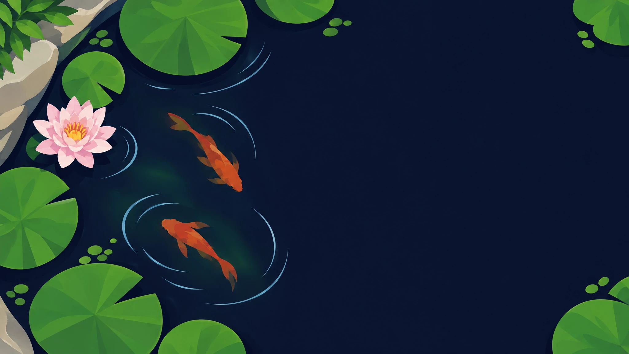Illustrated pond from above with lily pads, a pink lily flower and koi under dark water
