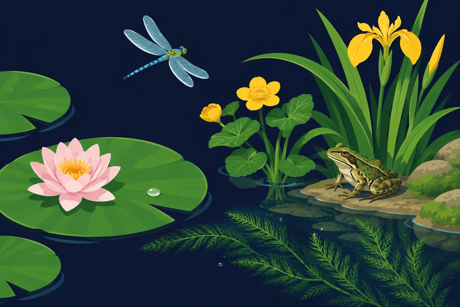 Illustrated pond planting with a waterlily, marsh marigold, iris, a frog and a dragonfly