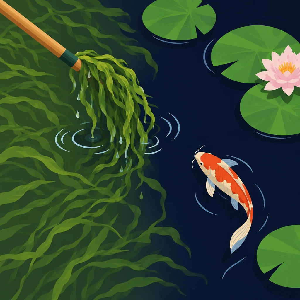 Illustration of a cane lifting blanket weed from a half green, half clear pond