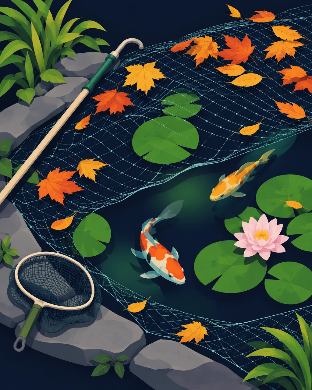 Illustration of a garden pond under a leaf net with autumn leaves collected on top