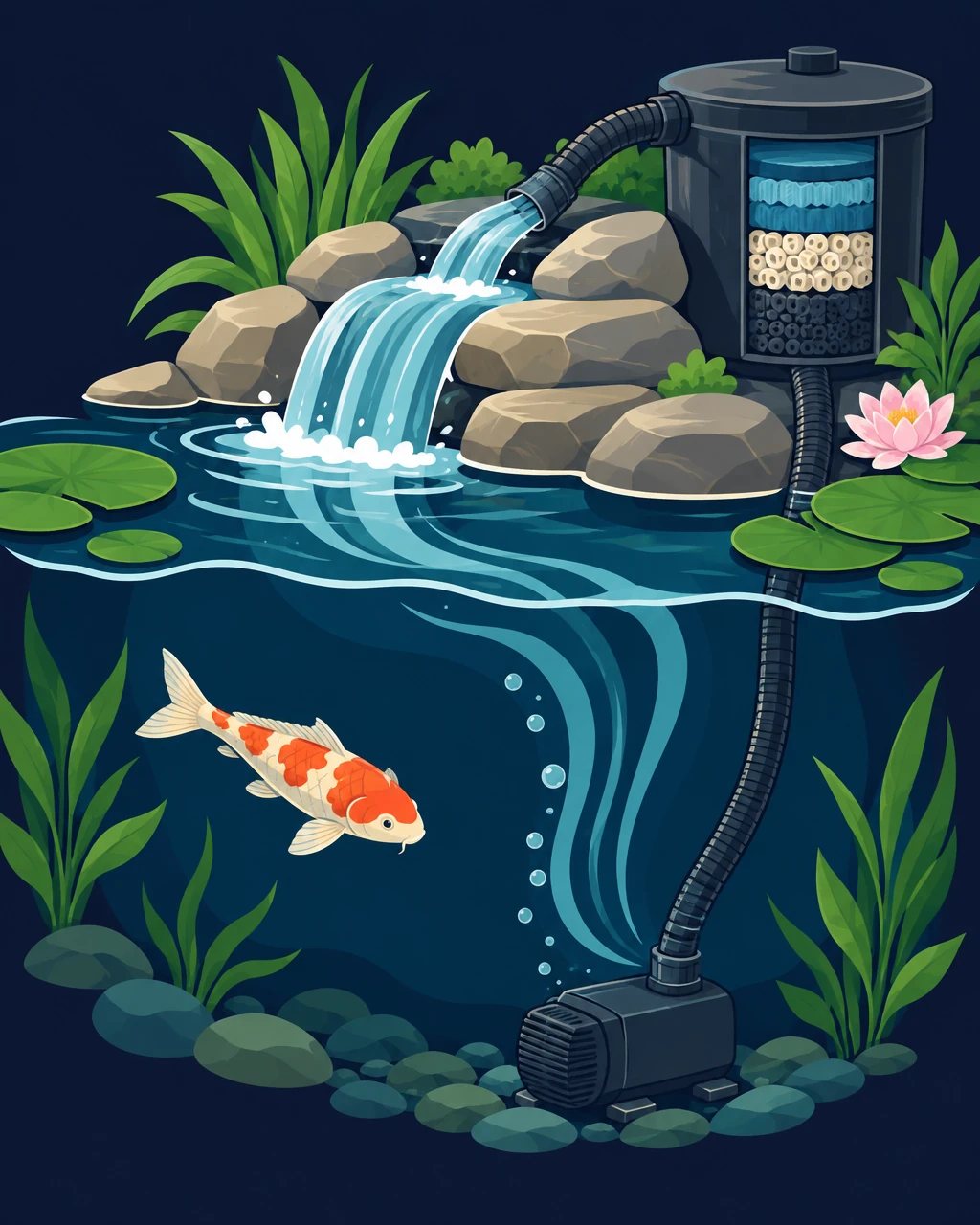 Illustrated cutaway of a pond pump, hose and filter barrel returning clean water as a waterfall