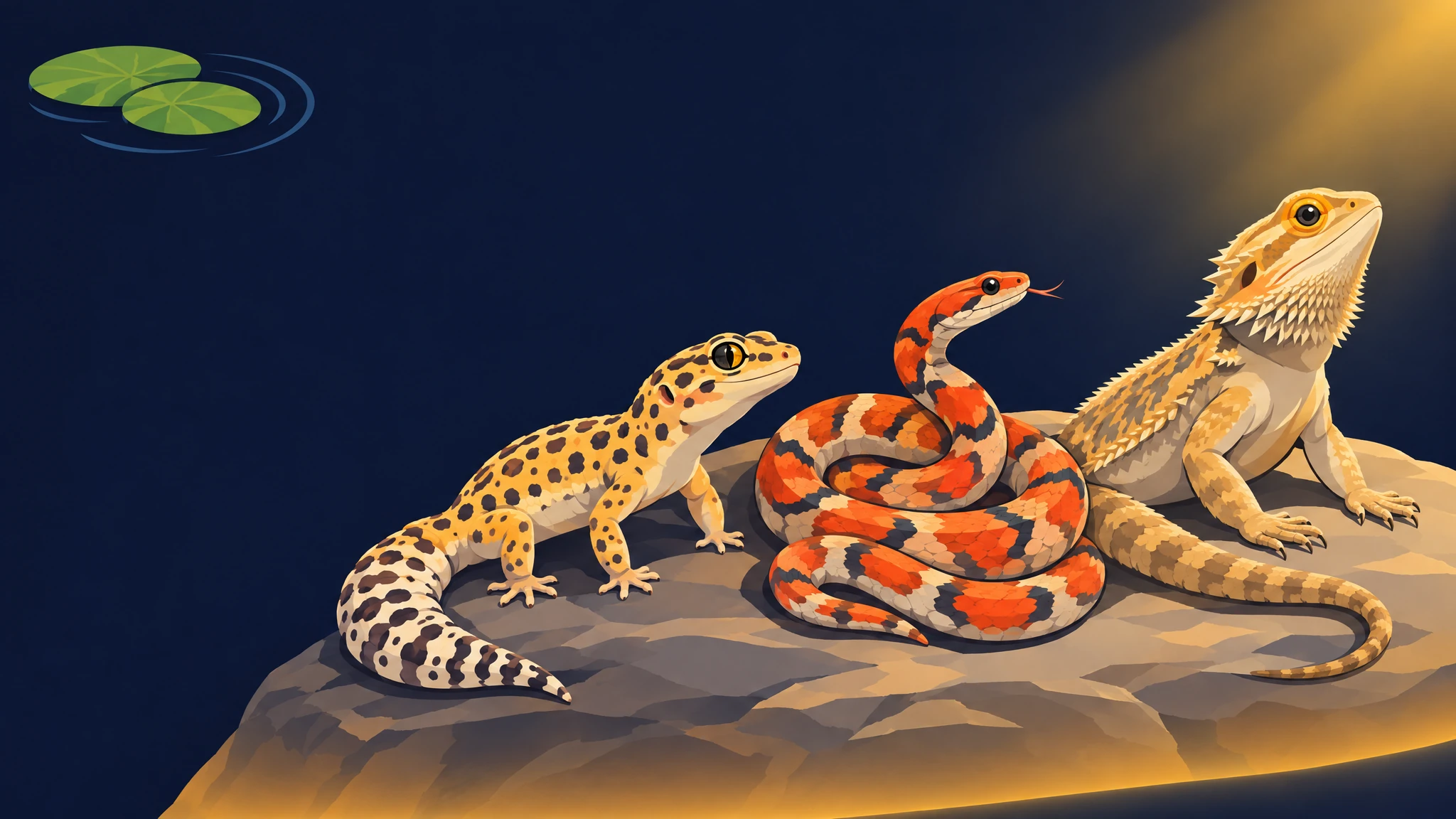 Leopard gecko, corn snake and bearded dragon basking together in warm golden light