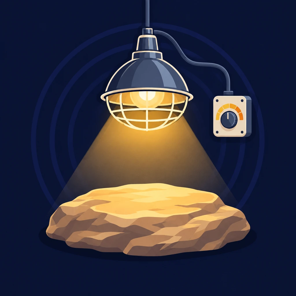 Domed heat lamp with a wire guard casting a warm gold cone onto a basking rock