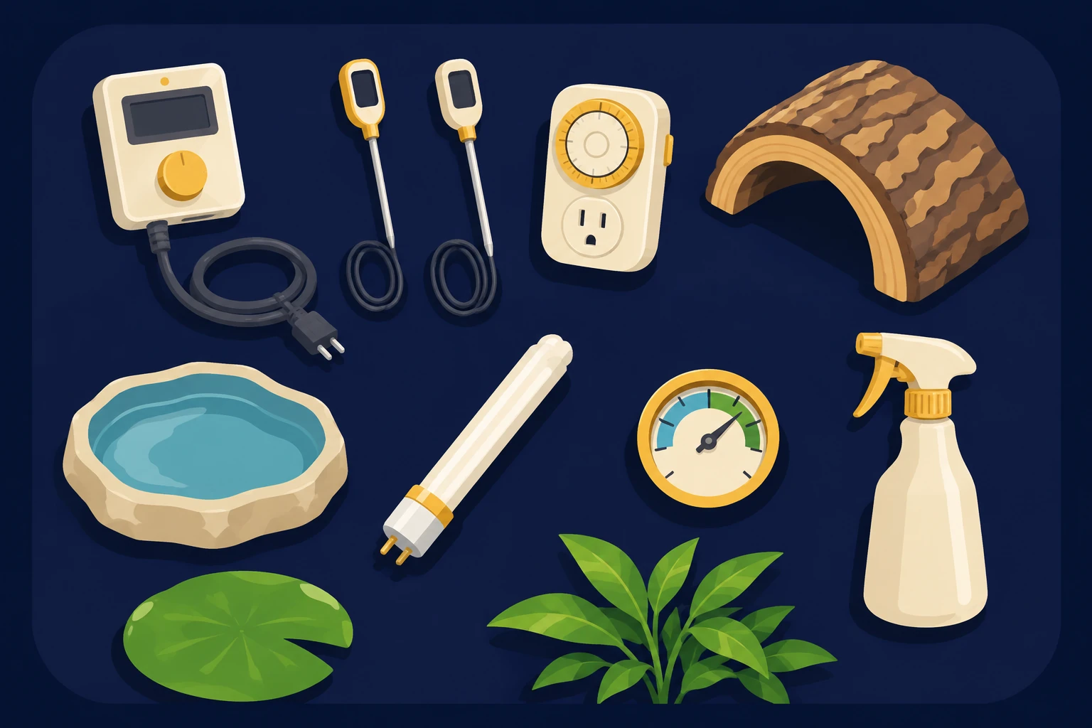 Vivarium kit laid out neatly: thermostat, thermometers, timer, hide, water bowl and UVB tube