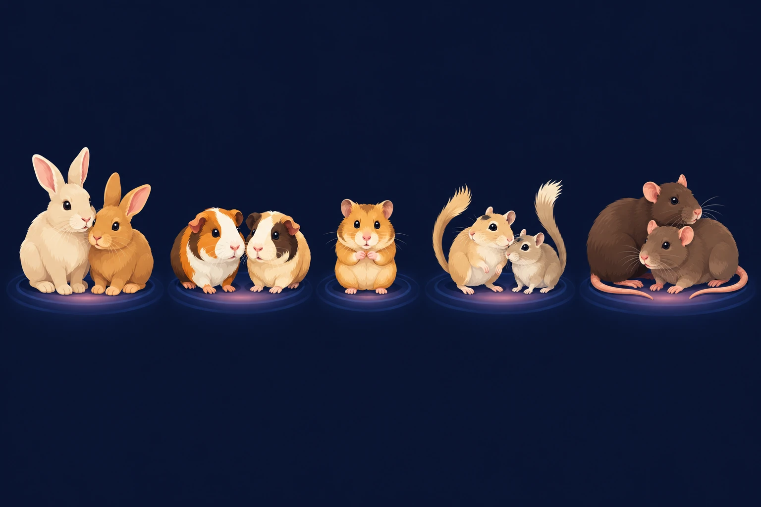 Row of small pets in company: rabbits, guinea pigs, a hamster, gerbils and rats