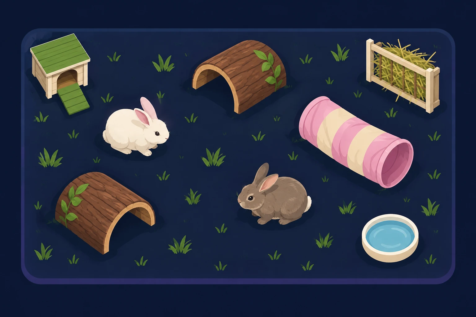 Two rabbits in a large run with hides, a tunnel, a hay rack and a water bowl