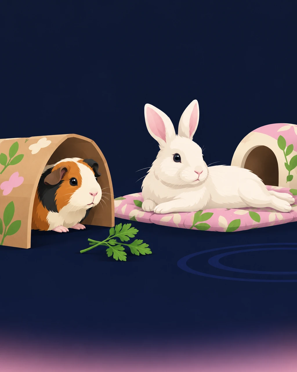 Guinea pig and rabbit resting close to the ground in a calm play area