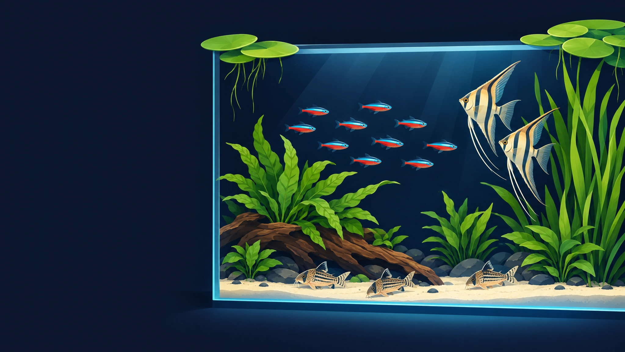 Illustrated glowing aquarium with neon tetras, angelfish, corydoras and green plants against a deep navy background