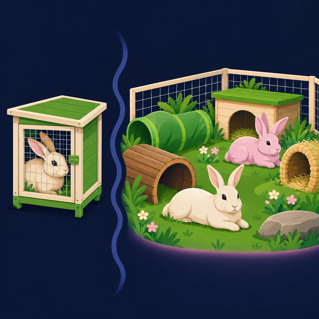 Tiny cramped hutch beside a large open run, showing how much space rabbits need