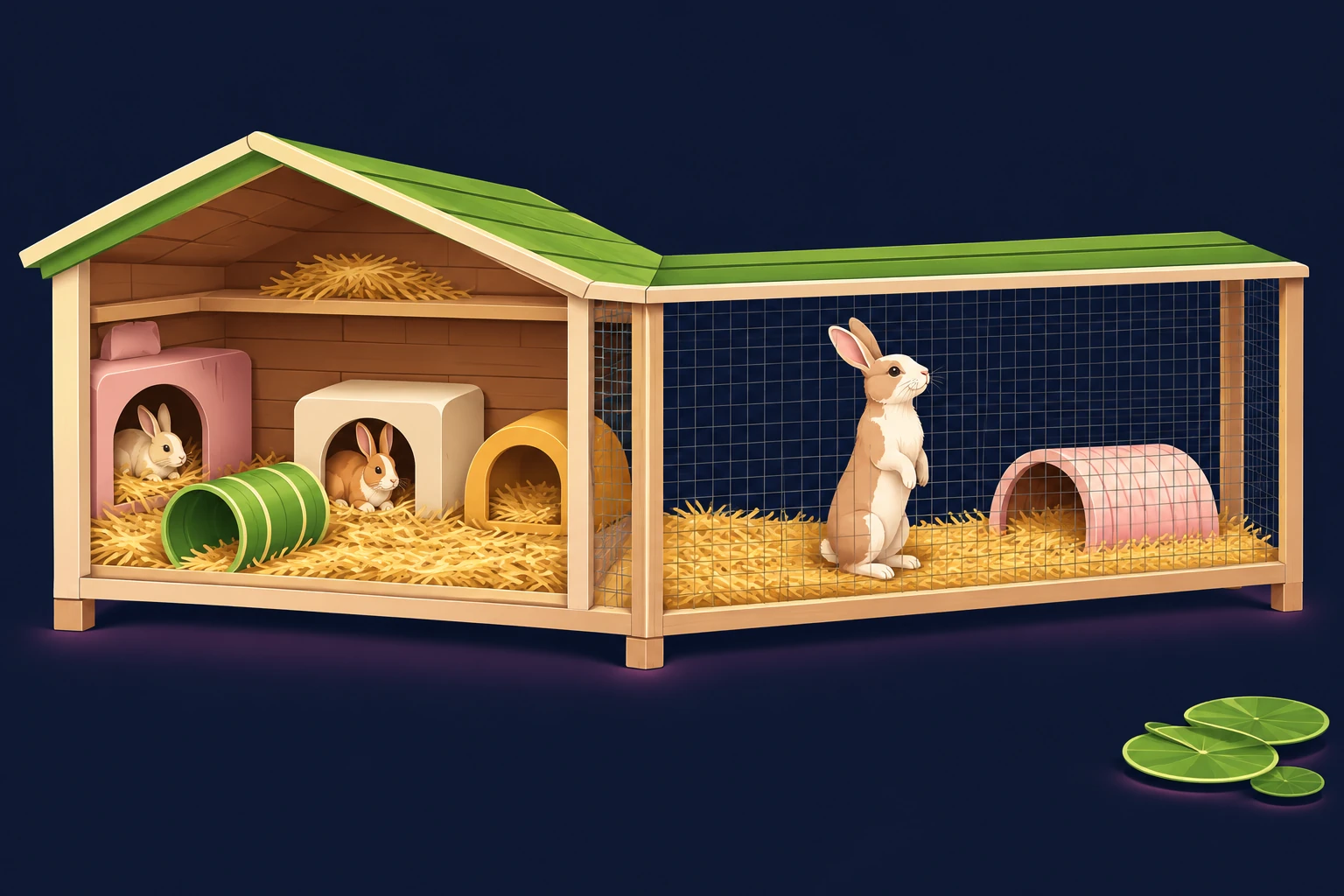 Cutaway of a roomy rabbit enclosure with an attached run, hides and deep bedding