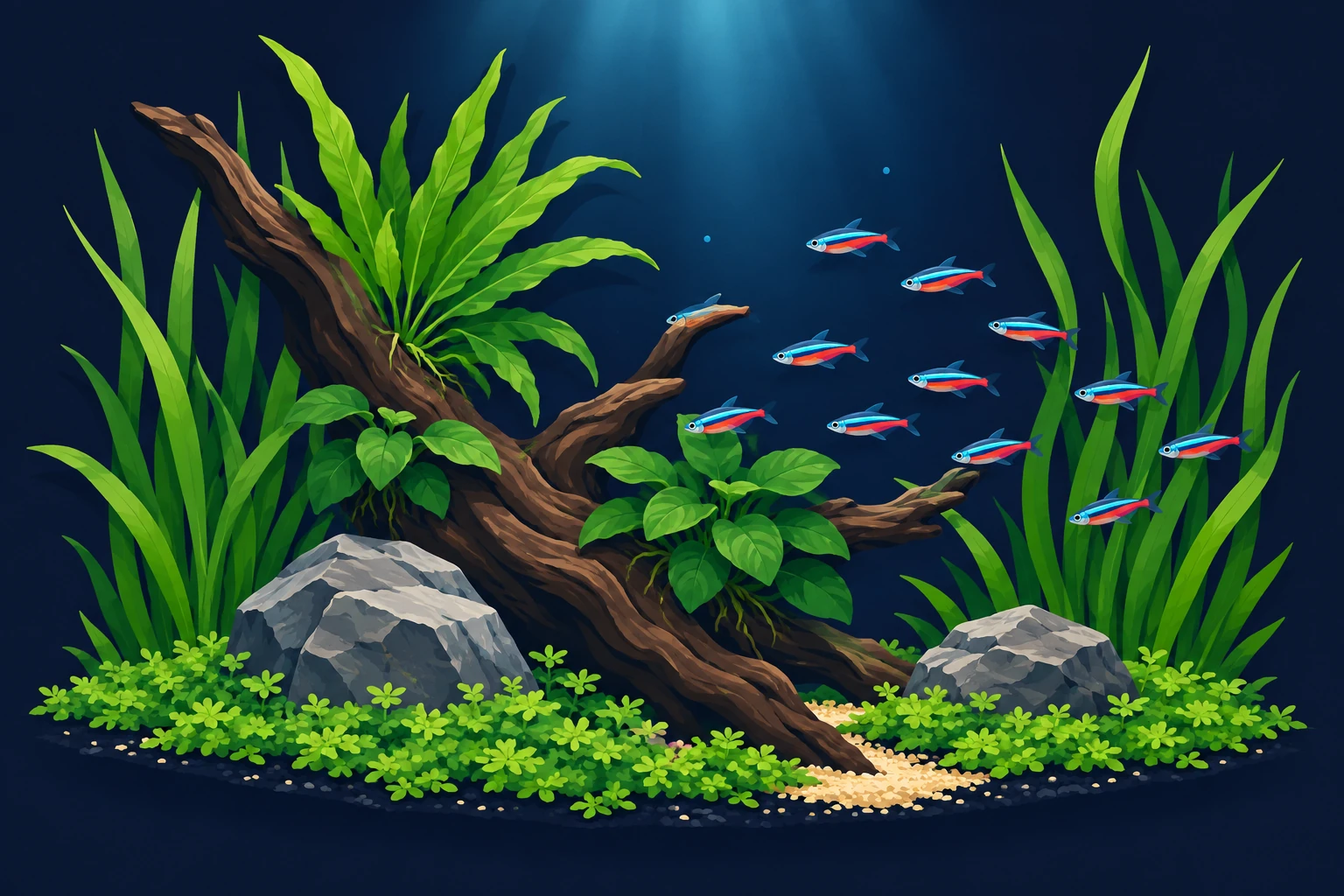 Illustrated planted aquascape with driftwood, rocks, ferns and a small shoal of tetras