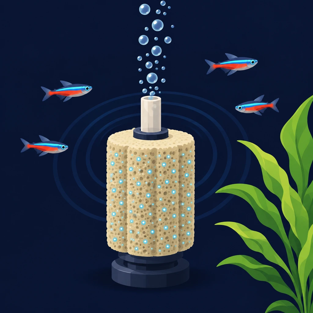 Illustration of a sponge filter with rising bubbles and tetras in a planted aquarium