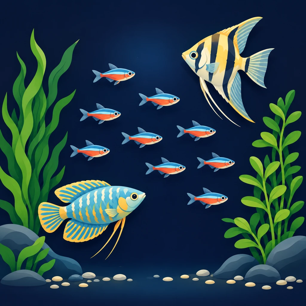 Illustration of a calmly stocked aquarium with plenty of open swimming space
