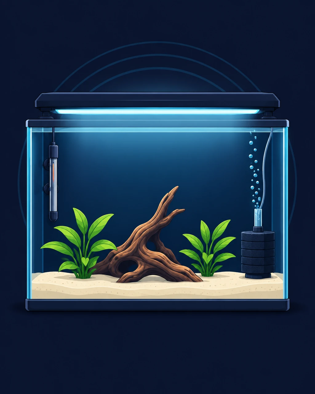 Illustration of a new empty aquarium with plants, driftwood, heater and filter, ready for fish