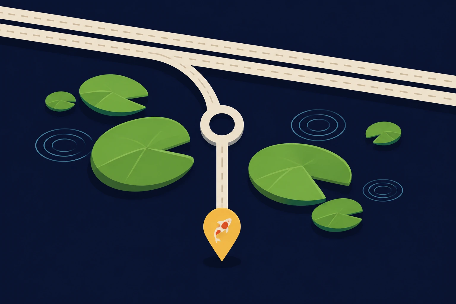 Illustrated route from a dual carriageway slip road to a gold pin near lily pads