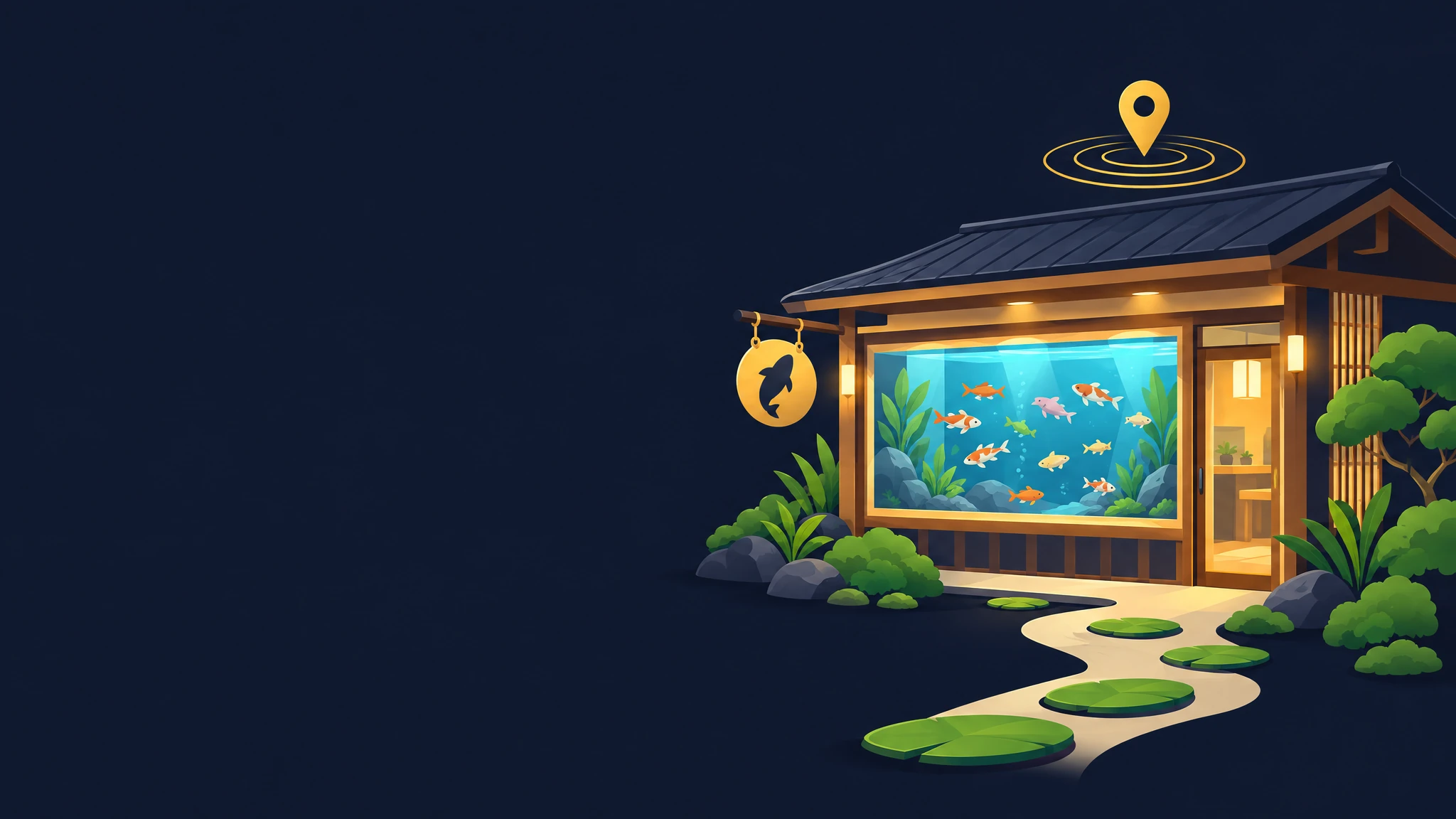 Illustrated shop front at dusk with a glowing aquarium window, a lily-pad path and a gold map pin