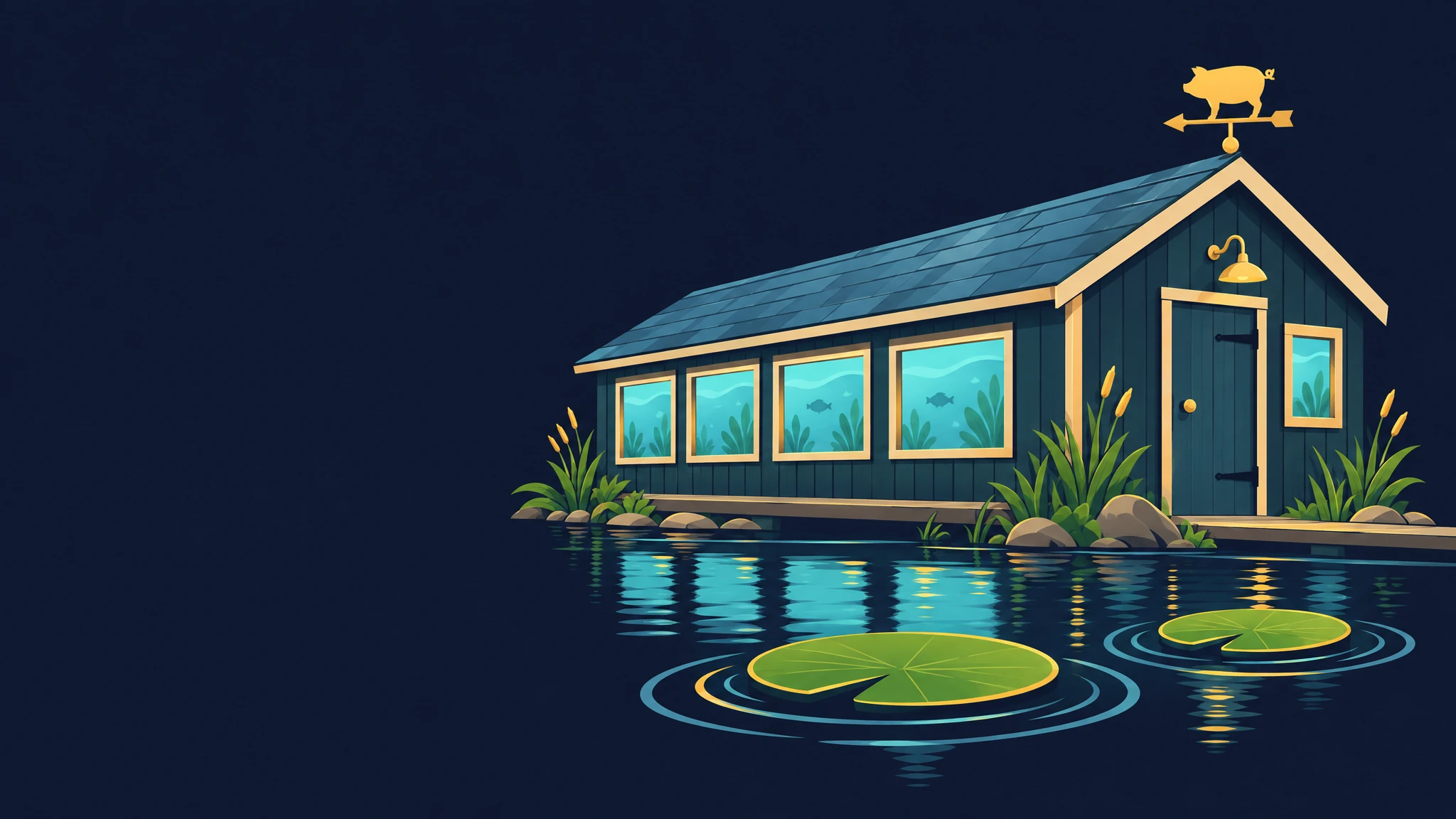 Illustrated low timber shed at dusk with glowing windows, a pig weathervane and lily pads in the foreground