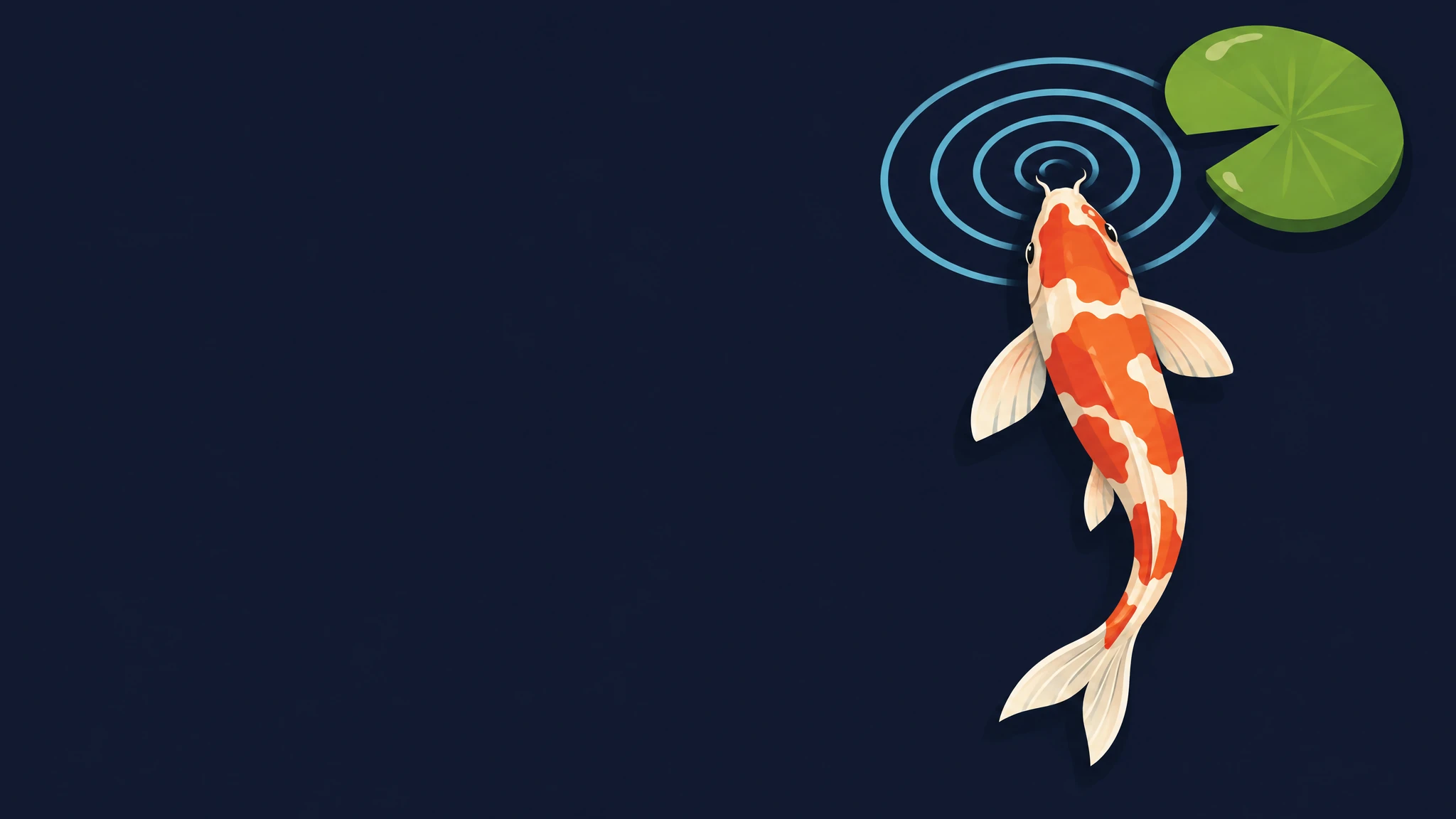 Illustrated koi rising to the surface beside a lily pad with ripples spreading across dark water