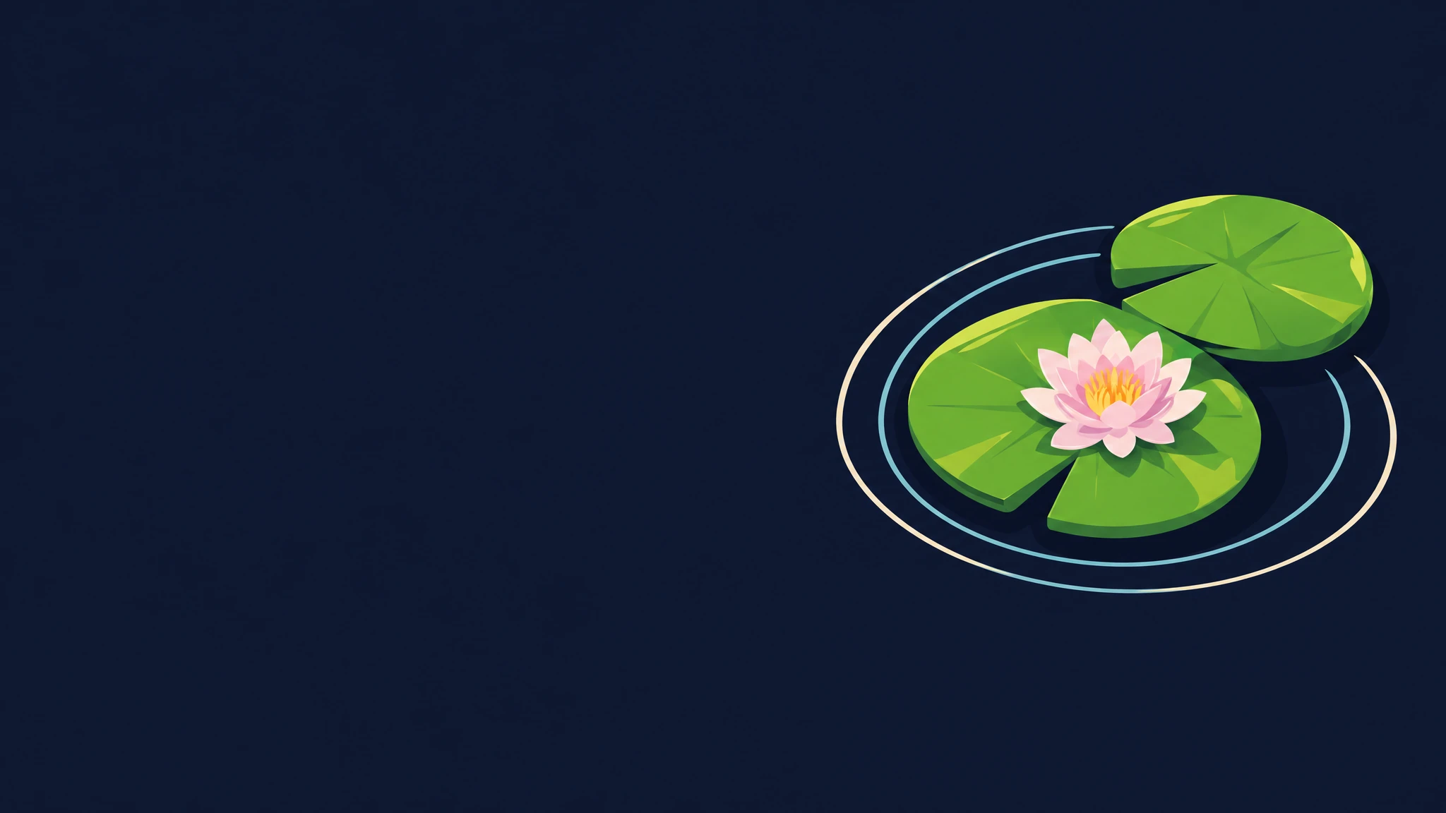 Illustrated lily pads and a pink flower with ripples on calm dark blue water