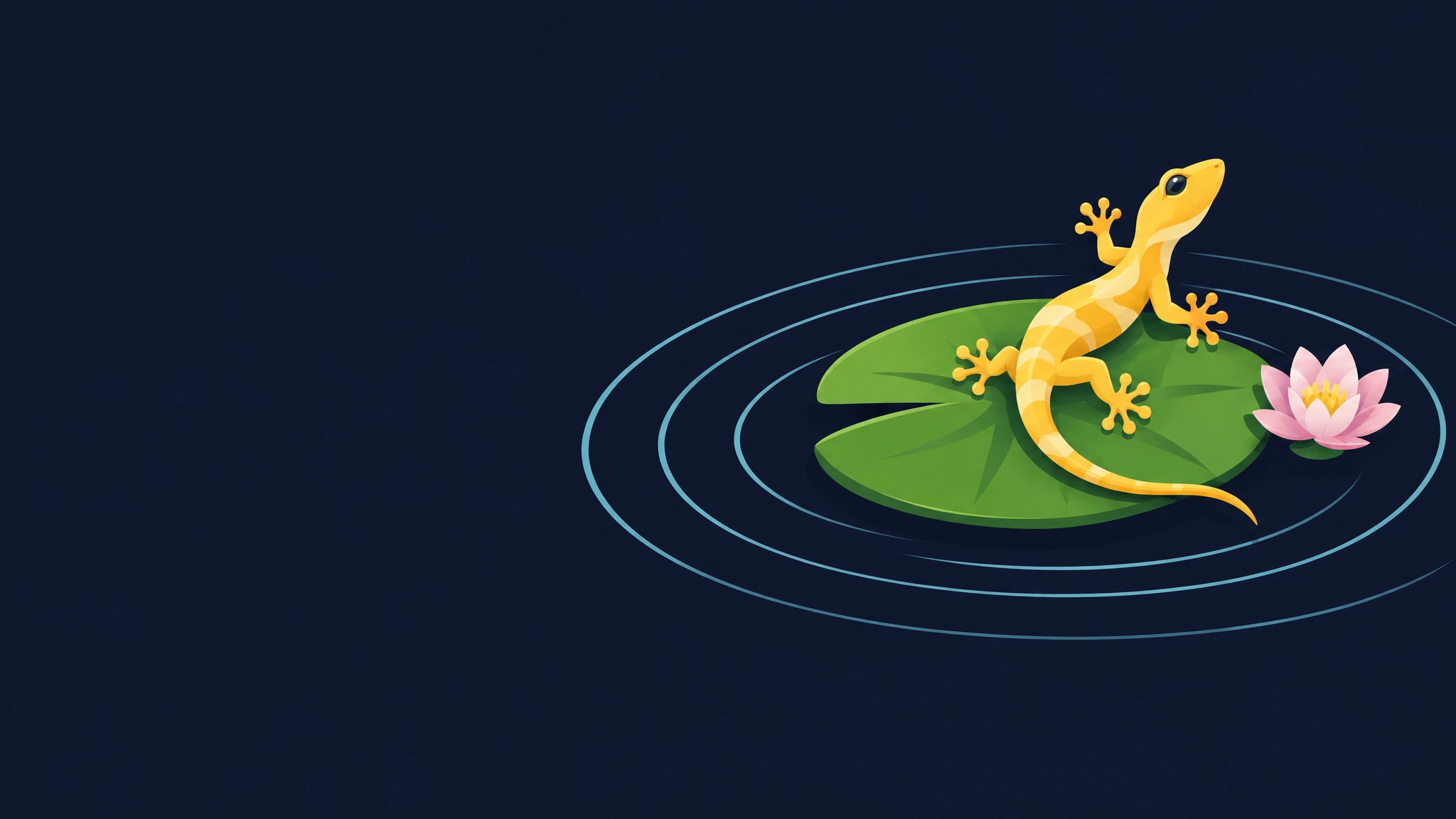Illustrated gold gecko on a lily pad with ripples spreading across dark water