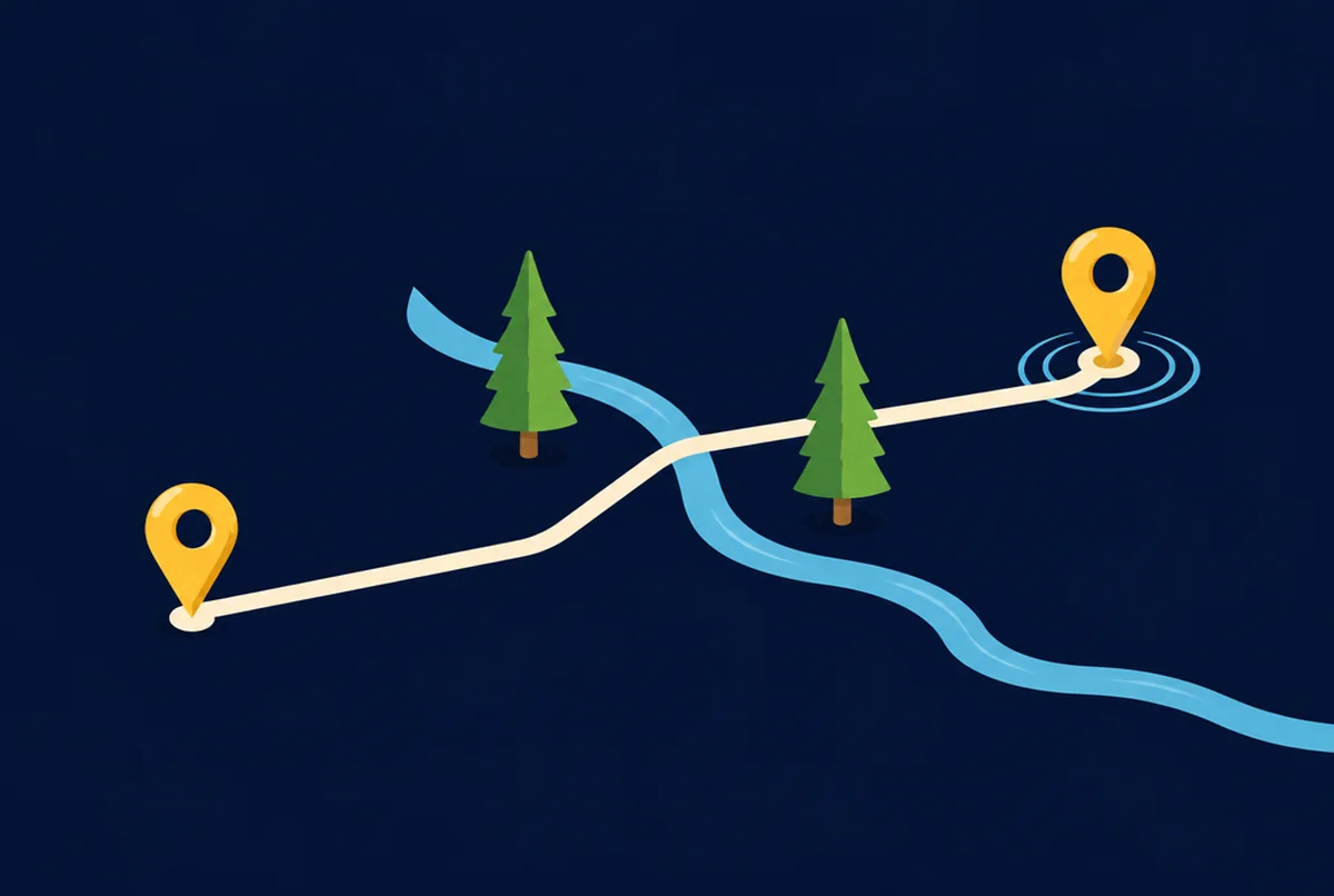 Illustrated cream path curving between two gold map pins beside two pine trees and a blue stream