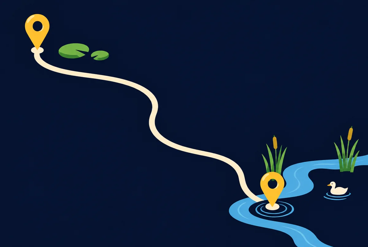 Illustrated cream path curving between two gold map pins beside a reedy mere with a duck