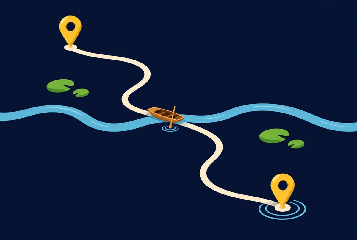Illustrated cream path curving between two gold map pins beside a river with a punt boat