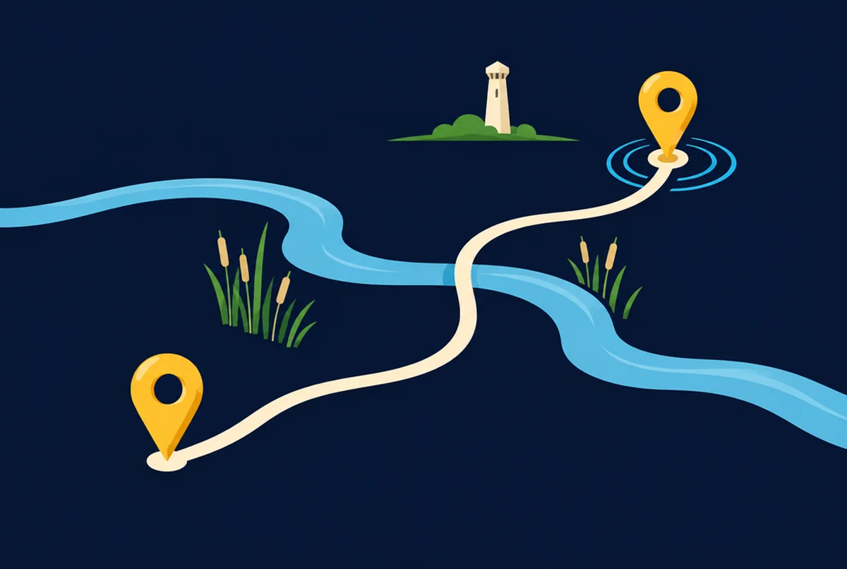 Illustrated cream path curving between two gold map pins beside a river bend, reeds and a distant stone tower