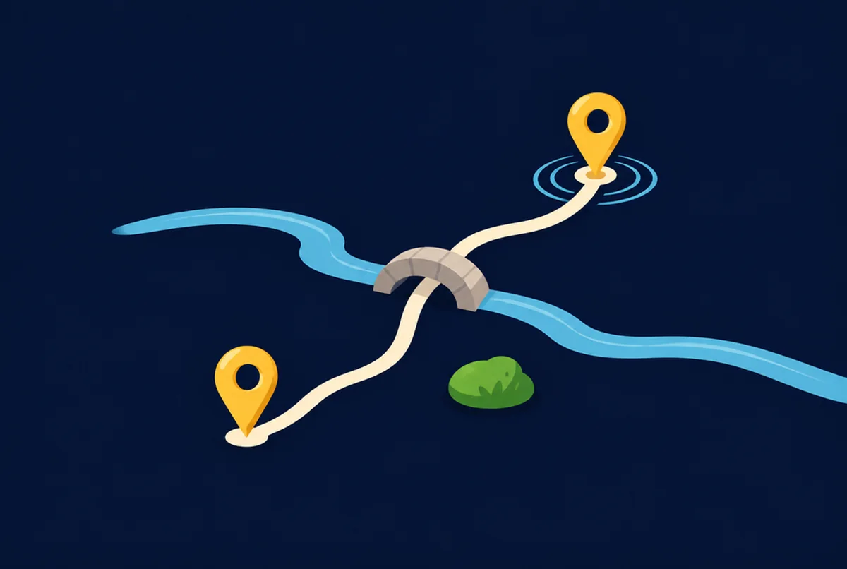 Illustrated cream path curving between two gold map pins beside a stream crossed by a small stone bridge