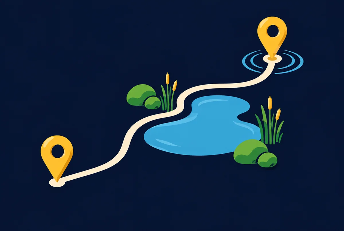 Illustrated cream path curving between two gold map pins beside a lake with reeds and green shrubs