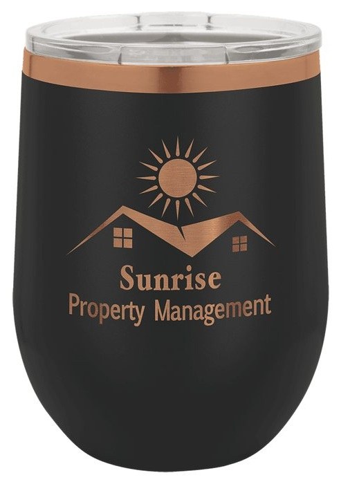 12 oz. Black/Rose Gold Stemless Wine Tumbler with Standard Lid — catalog reference 571
