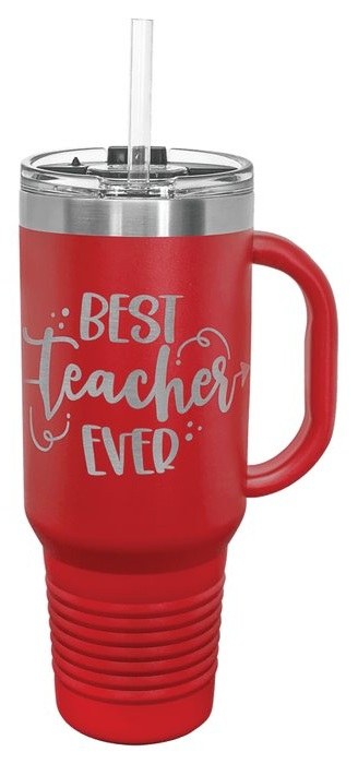 40 oz. Red Travel Mug with Handle & Straw — catalog reference 487