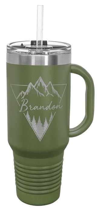 40 oz. Olive Green Travel Mug with Handle & Straw — catalog reference 493