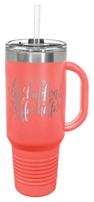 40 oz. Coral Travel Mug with Handle & Straw — catalog reference 501