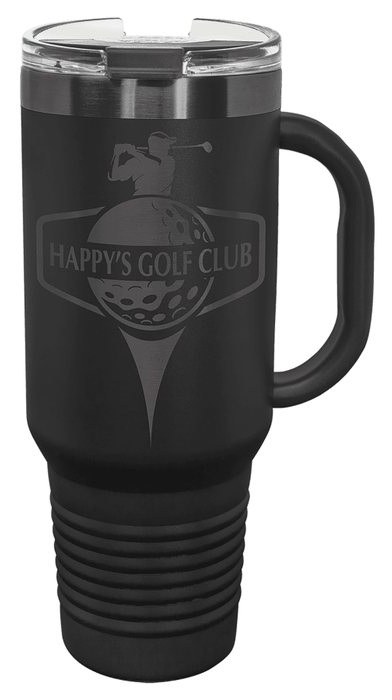 40 oz. Black/Ghost Black Travel Mug with Handle & Straw — catalog reference 561