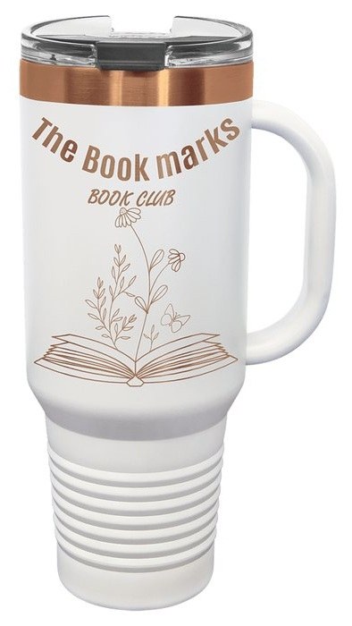 40 oz. White/Rose Gold Travel Mug with Handle & Straw — catalog reference 593