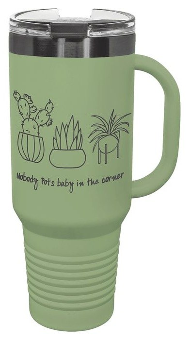 40 oz. Summer Sage/Ghost Black Travel Mug with Handle & Straw — catalog reference 568
