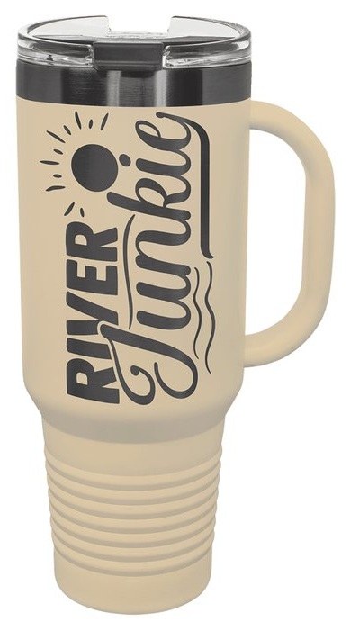 40 oz. Warm Sand/Ghost Black Travel Mug with Handle & Straw — catalog reference 574