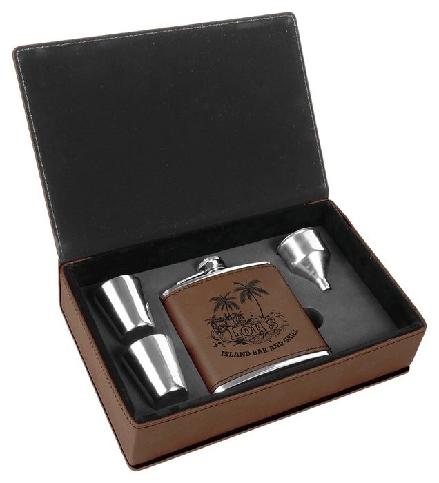 6 oz. Dark Brown Leatherette Flask Gift Set — catalog reference 680
