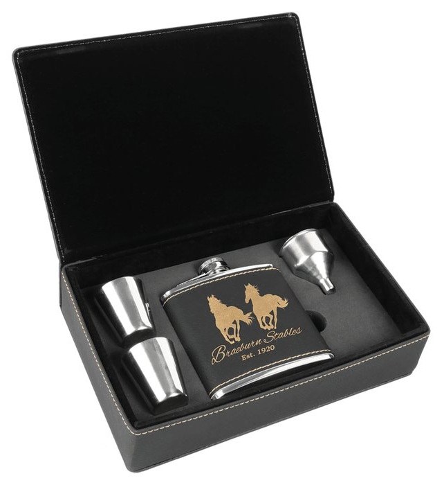6 oz. Black/Gold Leatherette Flask Gift Set — catalog reference 681