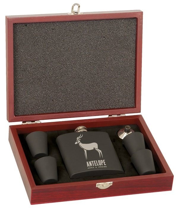 6 oz. Matte Black Stainless Steel Flask Set in Wood Presentation Box — catalog reference 674