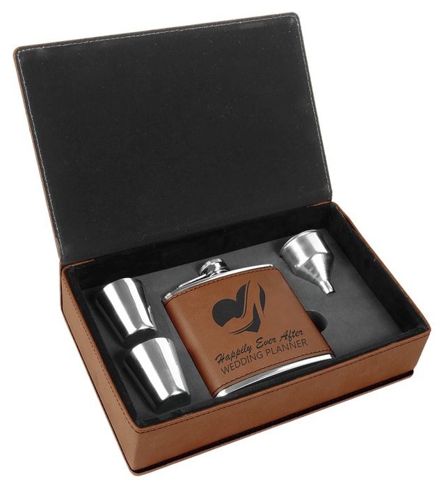 6 oz. Rawhide Leatherette Flask Gift Set — catalog reference 682