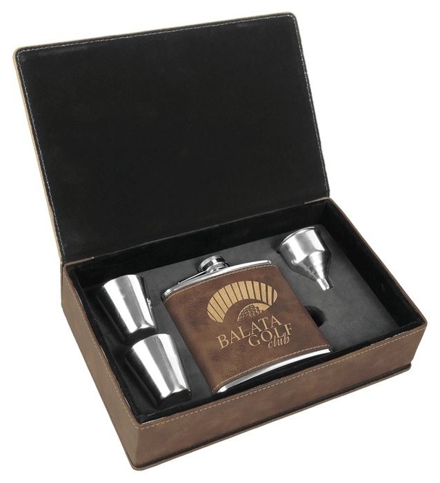 6 oz. Rustic/Gold Leatherette Flask Gift Set — catalog reference 686