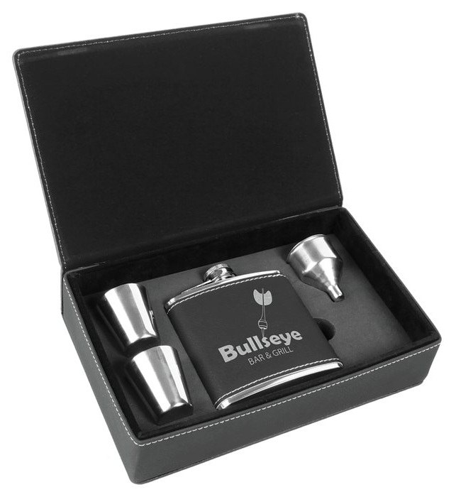 6 oz. Black/Silver Leatherette Flask Gift Set — catalog reference 685