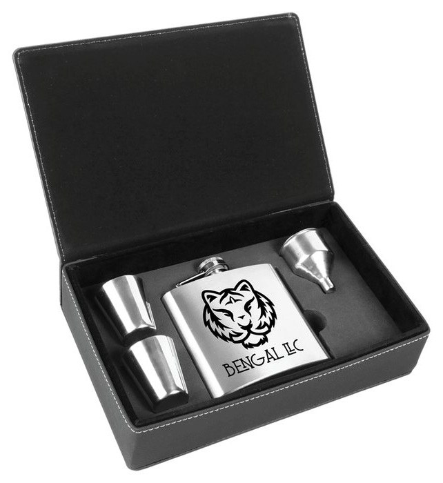 6 oz. Stainless Steel Flask Set in Black/Silver Leatherette Box — catalog reference 687