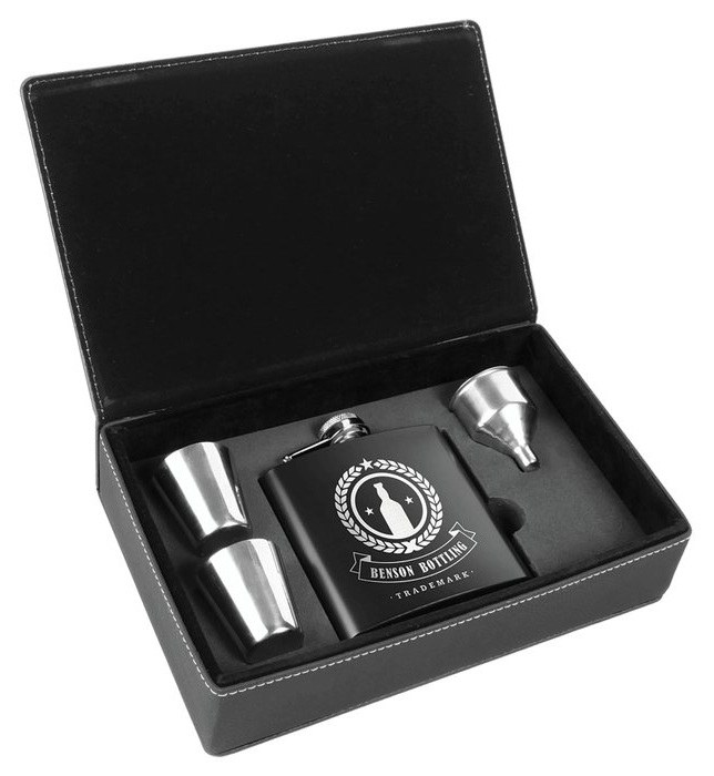 6 oz. Black Stainless Steel Flask Set in Black/Silver Leatherette Box — catalog reference 688