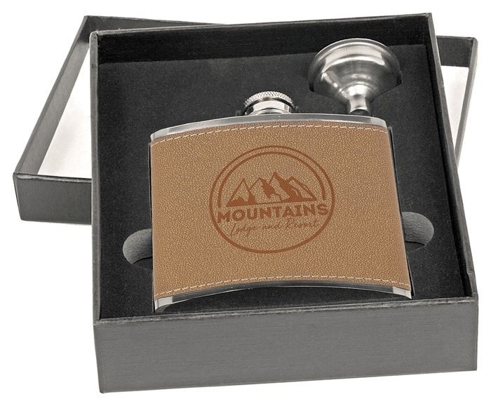 6 oz. Leather Flask Set in Black Presentation Box — catalog reference 715