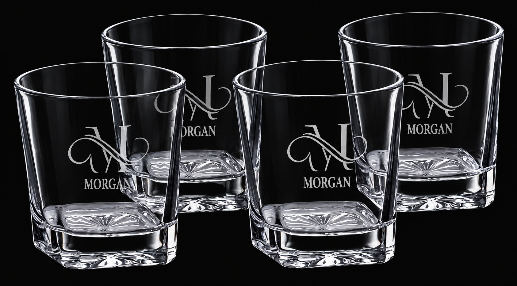 Four 11 oz. Square Rocks Glasses in Black Gift Box with Printed Paper Sleeve — catalog reference 746
