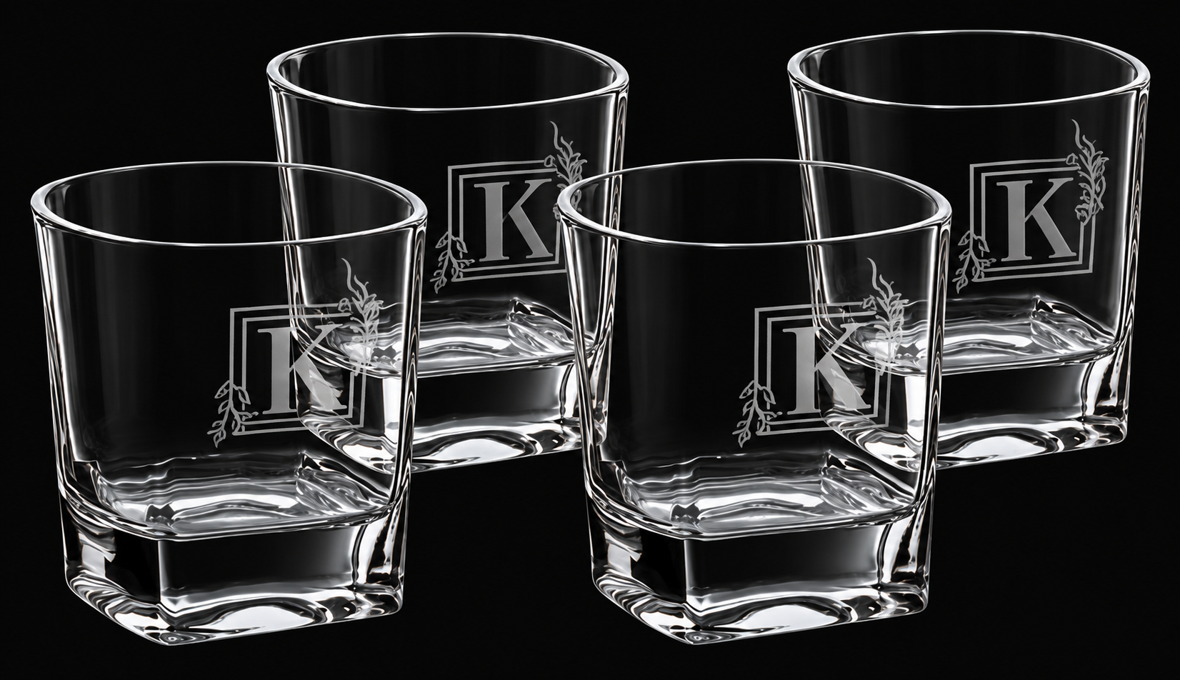 Four 8 oz. Rectangle Rocks Glasses in Black Gift Box with Printed Paper Sleeve — catalog reference 747