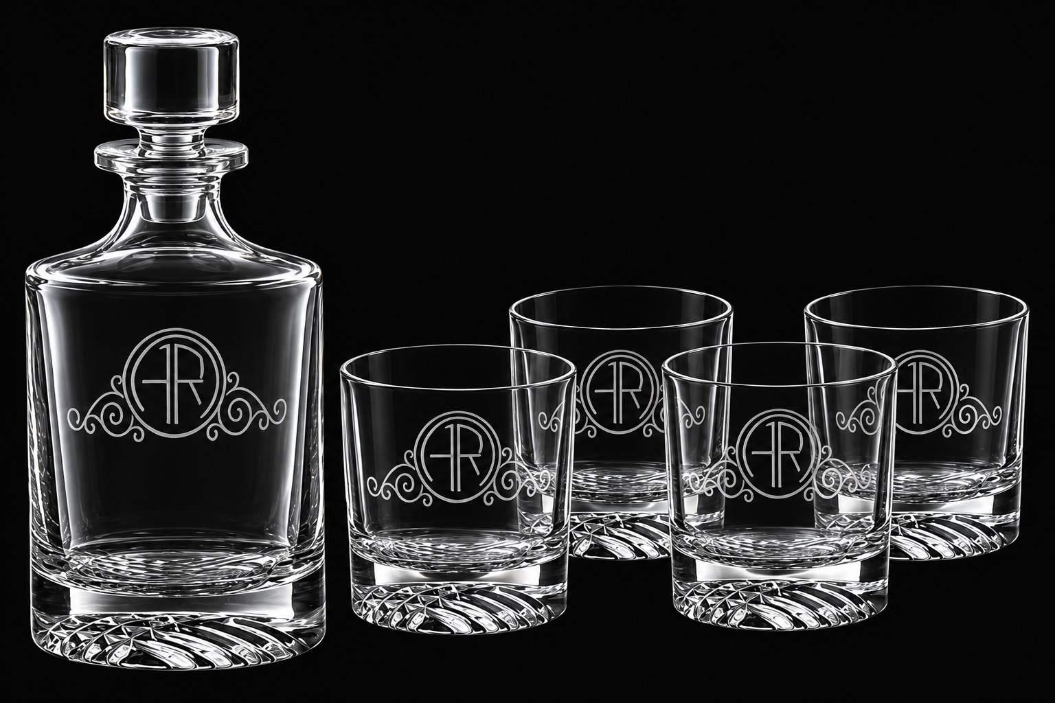 850 mL Round Glass Decanter Set with Four 9 oz. Rocks Glasses in Black Gift Box with Printed Paper Sleeve — catalog reference 745